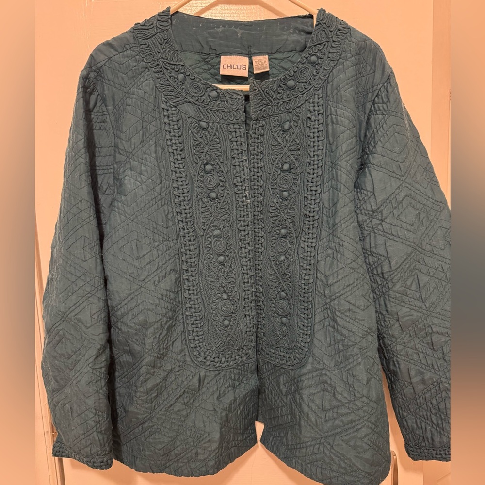 Chico’s Embroidered Jacket Top Forest Green Women's Cotton Silk size 3